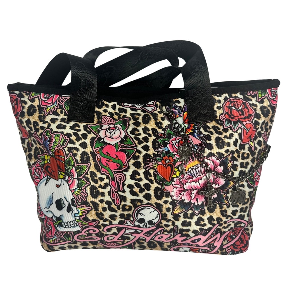 Ed Hardy Tote Bag Women Leopard Print Brown Pink Excellent Tattoo Skull Charms